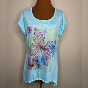 India Boutique Glitter Butterfly Print Light Blue Top Short Sleeve Size Large